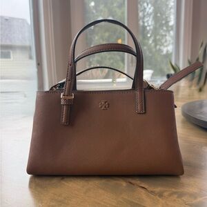 Mini Tory Burch Emerson Brown Saffiano Leather Tote with Crossbody Strap